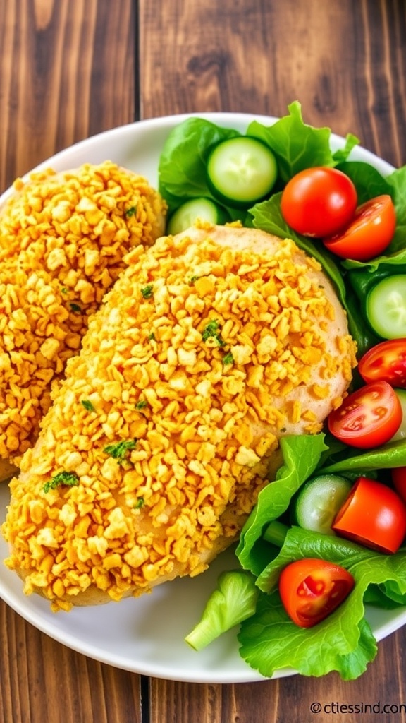 Crispy cheddar chicken on a plate with salad, garnished with herbs.